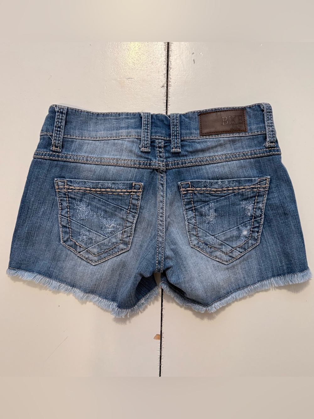 BKE Stella Frayed & Distressed Blue Denim Jean Shorts - Picture 2 of 2